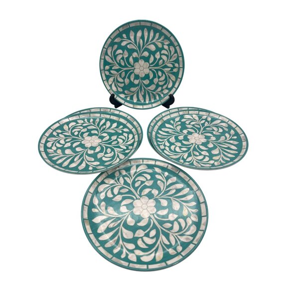 Set Of 6 Melamine Decorative Plates Floral Pattern 9" Teal & White Design - Picture 1 of 5